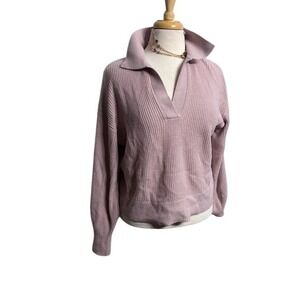Reitmans Pink Cashmere Blend Ribbed‎ V-Neck Collared Johnny Polo Sweater Size S